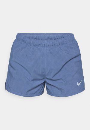 Blue athletic shorts made of breathable, perforated fabric. Features an elastic waistband and a small white Nike logo on the lower side.