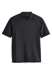 Schwarzes, kurzärmeliges Sportshirt aus Stretchstoff mit hohem Kragen und verstärkten Nähten. Verfügt über ein Kordelzugdetail am Saum.