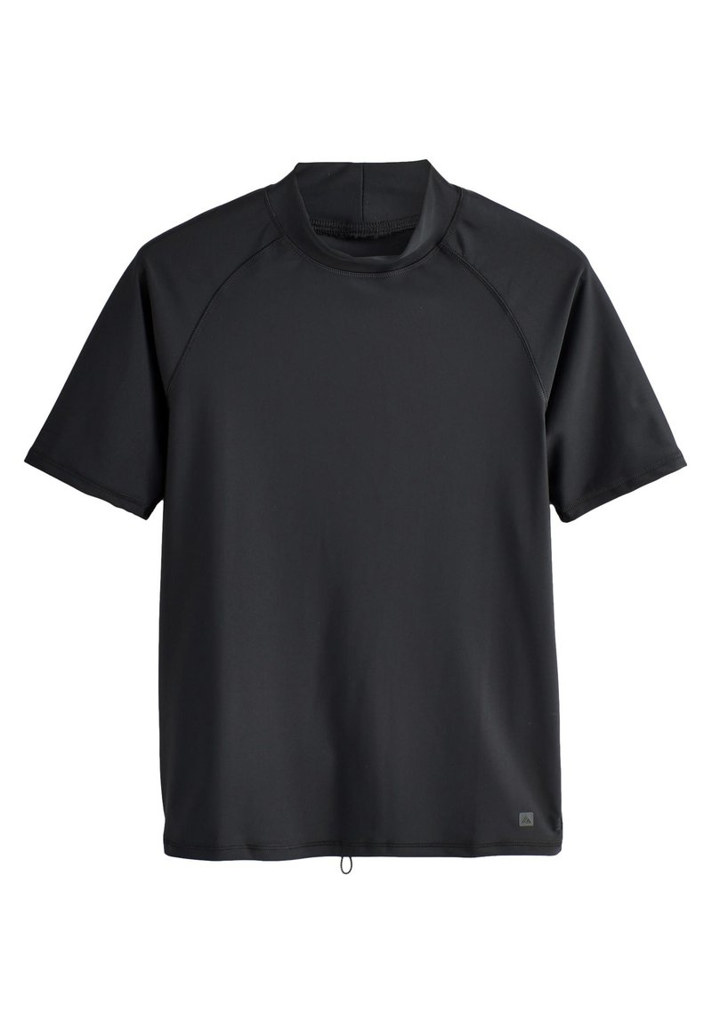 Schwarzes, kurzärmeliges Sportshirt aus Stretchstoff mit hohem Kragen und verstärkten Nähten. Verfügt über ein Kordelzugdetail am Saum.