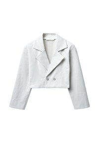 Blazer bianco accorciato con trama a spina di pesce, chiusura doppiopetto, rever a taglio e bottoni argentati impreziositi.