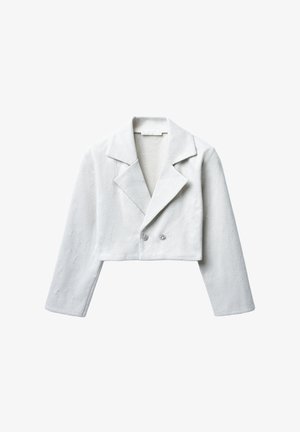 Blazer bianco accorciato con trama a spina di pesce, chiusura doppiopetto, rever a taglio e bottoni argentati impreziositi.