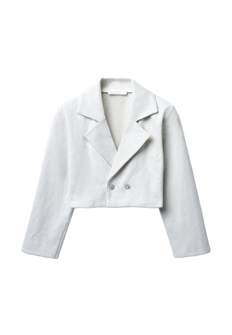 Blazer bianco accorciato con trama a spina di pesce, chiusura doppiopetto, rever a taglio e bottoni argentati impreziositi.