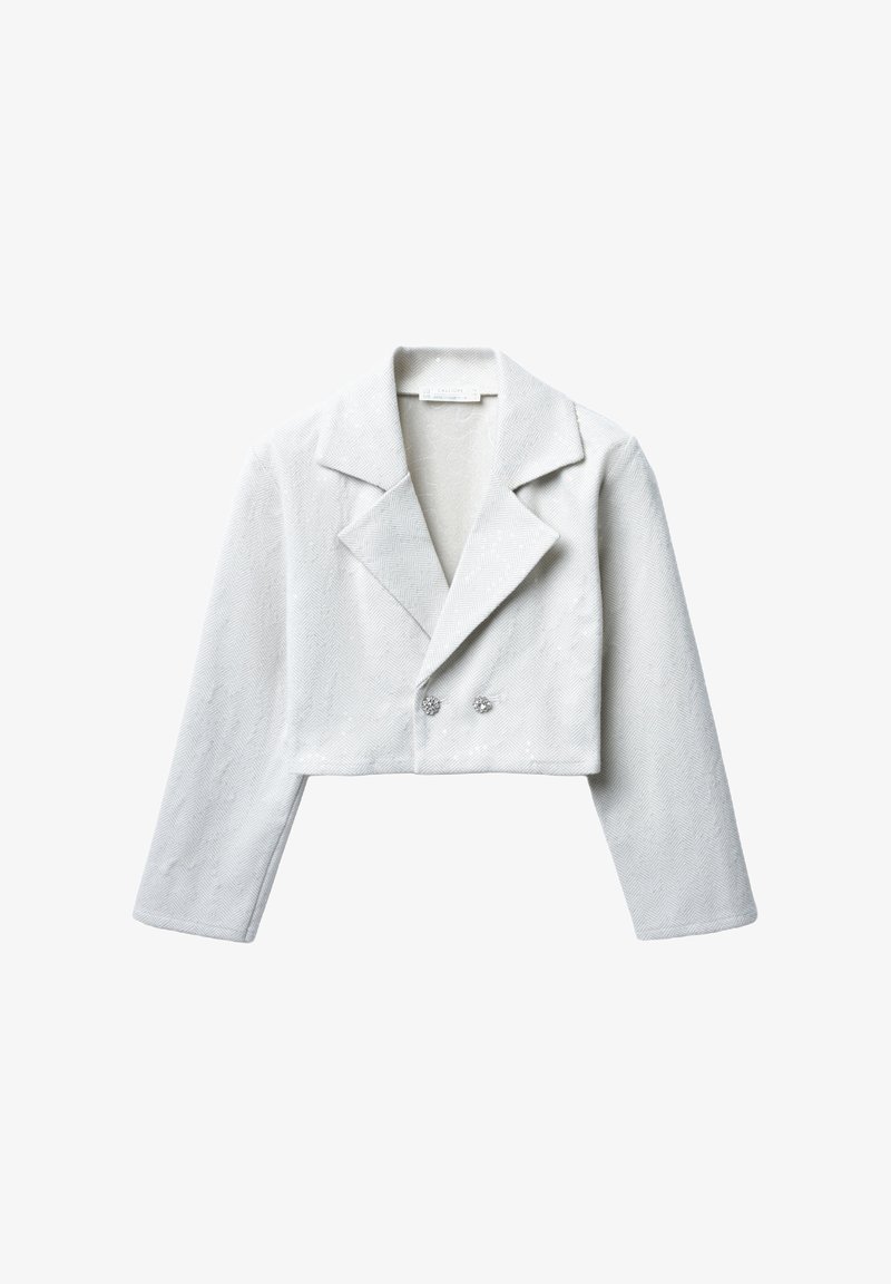 Blazer bianco accorciato con trama a spina di pesce, chiusura doppiopetto, rever a taglio e bottoni argentati impreziositi.