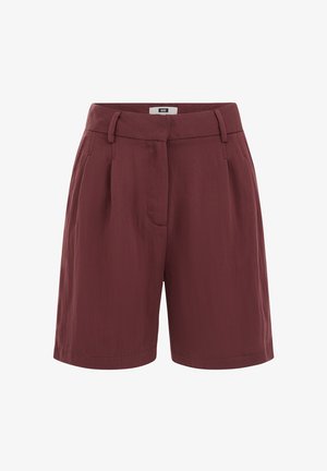 Augsta vidukļa bordo šorti ar jostas cilpām, sānu kabatām, priekšējiem krokojumiem, noslēptu priekšējo pogu un rāvējslēdzēja aizdari.