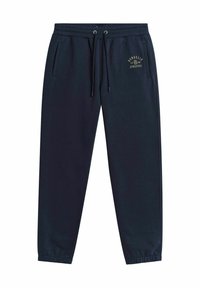 Marinblå joggers gjorda av bomullstyg, med elastisk midja och dragsko, sidofickor och en guld logotryck på framsidan.