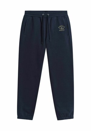 Marineblauwe joggers van katoen, met een elastische tailleband met trekkoord, zijzakken en een gouden logo-print aan de voorkant.