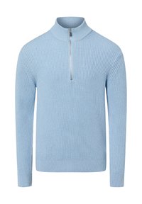 Hellblauer Strickpullover mit hohem Kragen und halbhohem Reißverschluss. Verfügt über eine gerippte Struktur und lange Ärmel. Taillierter Schnitt.