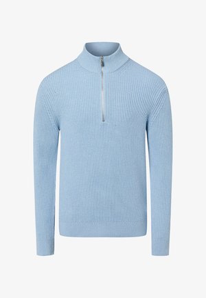 Lichtblauwe gebreide trui met een hoge kraag en een halve rits. Heeft een geribbelde textuur en lange mouwen. Getailleerde pasvorm.