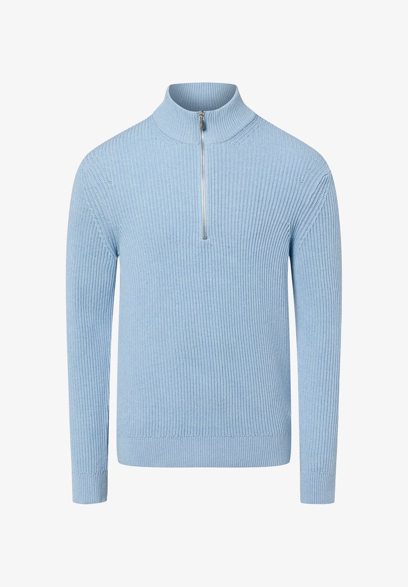 Hellblauer Strickpullover mit hohem Kragen und halbhohem Reißverschluss. Verfügt über eine gerippte Struktur und lange Ärmel. Taillierter Schnitt.