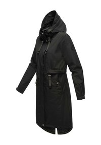 Parka negra impermeable con capucha, cordones ajustables, bolsillos laterales y un dobladillo alargado, que presenta una textura suave y un diseño sencillo.
