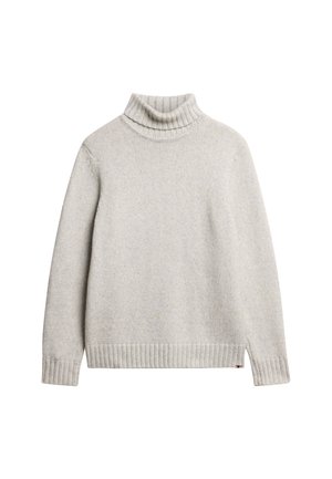 Light gray turtleneck sweater in a soft knit. Features ribbed cuffs and hem, with side slits for ease of movement. Subtle texture throughout.