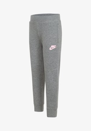 Calças de treino cinzentas da Nike com uma textura suave, cintura elástica, pernas ajustadas e um logótipo rosa na coxa esquerda. Apresenta bolsos laterais.