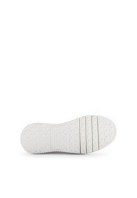 White rubber shoe sole with textured diamond pattern, featuring three horizontal grooves and an embossed brand name.