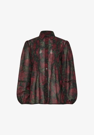 Blusa negra transparente con patrón floral en rojo y verde, que cuenta con un cuello tipo solapa, cierre de botones y mangas largas abullonadas con pliegues.