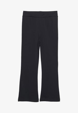 Sorte flagrende bukser med en bred elastisk talje. Glat stofstruktur uden synlige mønstre eller detaljer. Enkel og funktionel design.