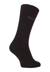 Chaussette noire avec un bord côtelé, texture lisse, talon et orteil renforcés, avec "CAT" imprimé en gris foncé sur le côté.