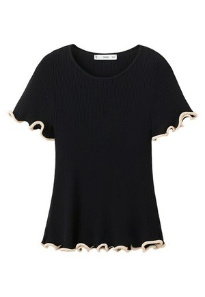 Haut noir côtelé à manches courtes avec encolure ronde et bords beiges à volants aux manches et à l'ourlet.