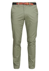 Ljust gröna chinos med slim fit, med sidofickor och ett brunt läderbälte med svart band. Slät textur, inga mönster.