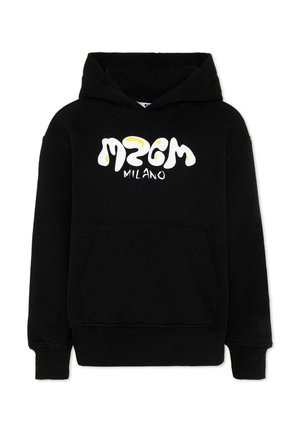 Zwarte hooded sweatshirt met een zak aan de voorkant, voorzien van een wit en geel gestileerd "MZGM Milano" logo op de borst.