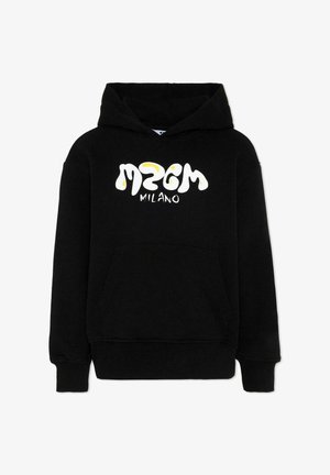 Zwarte hooded sweatshirt met een zak aan de voorkant, voorzien van een wit en geel gestileerd "MZGM Milano" logo op de borst.