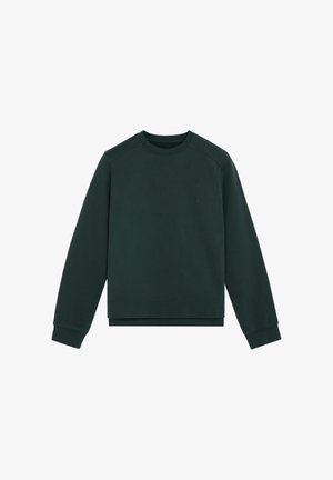 Maglione verde scuro realizzato in tessuto morbido, con scollo a girocollo classico, maniche lunghe e polsini a coste, con un logo discreto sul petto.