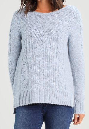 Jersey azul claro de punto trenzado con mangas largas y bajo acanalado, combinado con vaqueros azul oscuro.