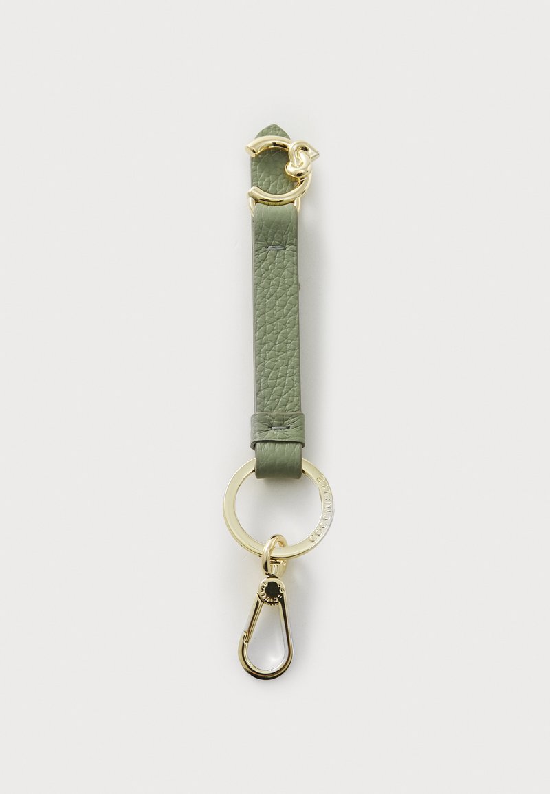 Green leather keychain with a textured finish, featuring a gold metal clip and round ring hardware, designed for key attachment.