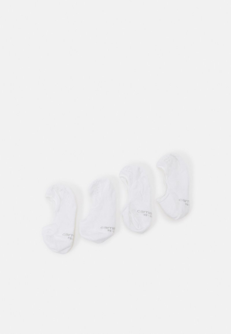 Calcetines tobilleros blancos, mezcla de algodón, diseño invisible, cuatro pares, puños acanalados, logo sutil de la marca en el lateral, textura suave.