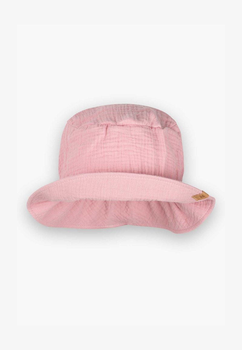 Cappello a secchiello in cotone rosa chiaro, con una tesa larga e leggermente curva e un materiale testurizzato. Include un piccolo etichetta sul lato.