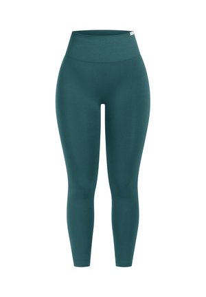 Legginsy w kolorze tealu, wysoki stan, bezszwowe, całkowite długości, z szerokim prążkowanym pasem, zaprojektowane do aktywności fizycznej.