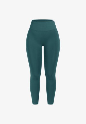 Hoge taille, naadloze, teal-kleurige volle lengte leggings met een brede geribbelde tailleband, ontworpen voor actieve kleding.