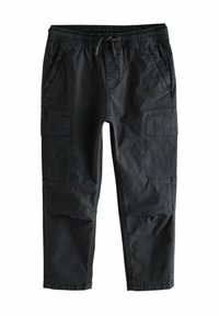 Schwarze Cargo-Hosen aus weichem Baumwollstoff. Mit Gummizugbund und Kordelzug, zwei seitlichen Taschen und zwei Cargo-Taschen auf den Oberschenkeln.