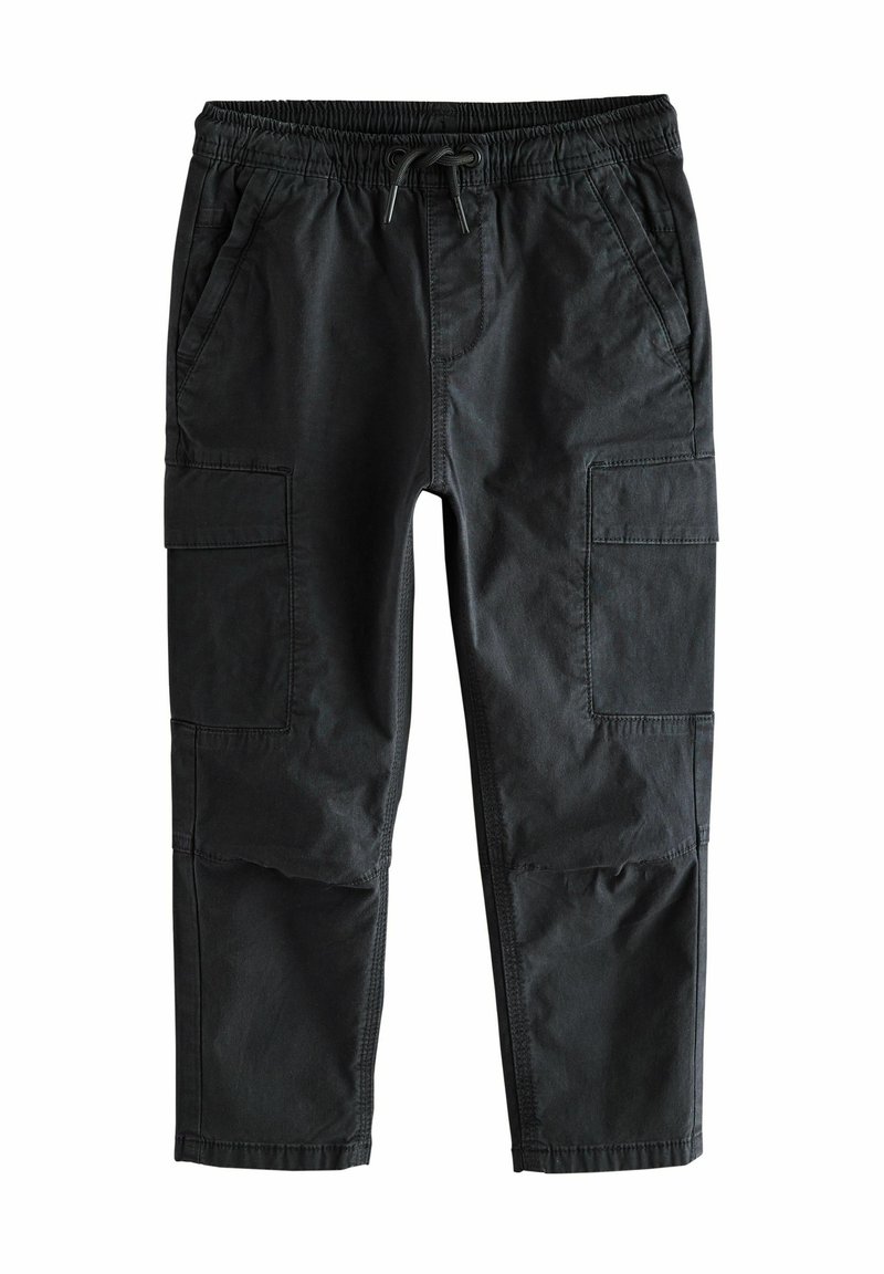 Schwarze Cargo-Hosen aus weichem Baumwollstoff. Mit Gummizugbund und Kordelzug, zwei seitlichen Taschen und zwei Cargo-Taschen auf den Oberschenkeln.