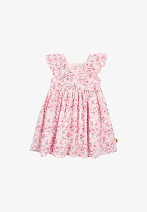 Robe en coton rose clair avec des motifs floraux en violet et rose. Caractérisée par des manches volantées et une jupe froncée.