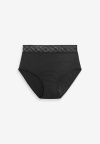 Braguitas negras de tiro alto con una cinturilla ancha de encaje con patrón y diseño de cobertura total, mostradas sobre un fondo blanco.