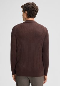 Brauner gerippter Strickpullover mit Kragen, langen Ärmeln und einem strukturierten Muster. Der Saum und die Bündchen sind einfarbig braun.