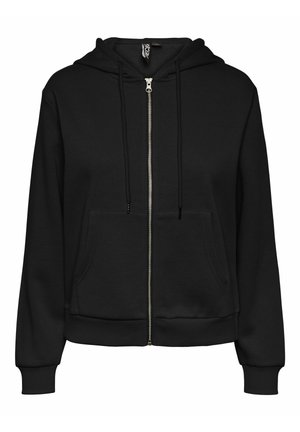 Melna kapuces džemperis ar rāvējslēdzēju, ar auklu regulējamu kapuci, priekšējām kabatām, ribota piedurkņu un apakšmalu dizainu, izgatavots no mīksta kokvilnas maisījuma auduma. Gluda tekstūra.