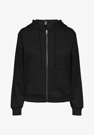 Juodas zip-up džemperis su raišteliu reguliuojamu gobtuvu, priekinėmis kišenėmis, raukšlėtomis rankogaliais ir apačia, pagamintas iš minkštos medvilnės mišinio medžiagos. Lygi tekstūra.