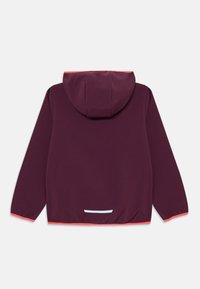Maroon jacket with a hood, featuring contrasting orange accents at the hem and cuffs. Includes a reflective detail at the back. Smooth texture.