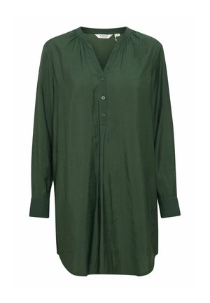 Dark green, long-sleeve shirt with a v-neckline, three button closure, and gathered detailing near the shoulders. Smooth fabric texture.