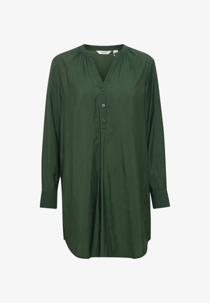 Dark green, long-sleeve shirt with a v-neckline, three button closure, and gathered detailing near the shoulders. Smooth fabric texture.