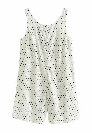 White sleeveless romper with black polka dots, featuring a scoop neckline and short-length legs.