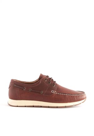 Brown leather casual lace-up boat shoe with white stitching and light beige sole, displayed on a white background.
