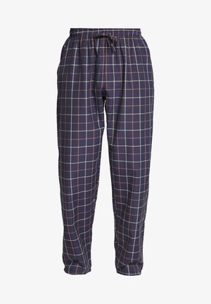 Navy plaid pants featuring a soft fabric, elastic waistband, and adjustable drawstring. The pattern includes light and dark grid lines.