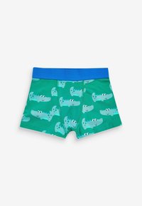 Groene katoenen boxershorts met een herhalend krokodillenpatroon, een blauwe elastische tailleband en lachende cartoonkrokodilontwerpen.