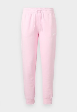 Pantalon de jogging Nike rose clair avec ceinture élastique, cordon de serrage, chevilles resserrées et petit logo Nike swoosh blanc sur la cuisse gauche.