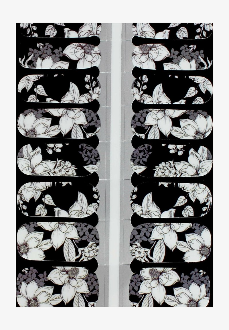 Bandes adhésives avec des motifs floraux en noir et blanc. La surface présente diverses fleurs et feuilles sur un fond noir.