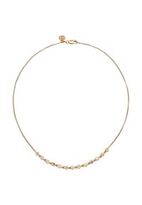 Gul kæderekæde med cirkulære vedhæng i forskellige farver, herunder grøn, lilla og pink, med en hummerklipslukning.