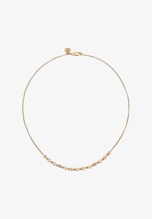 Gul kæderekæde med cirkulære vedhæng i forskellige farver, herunder grøn, lilla og pink, med en hummerklipslukning.