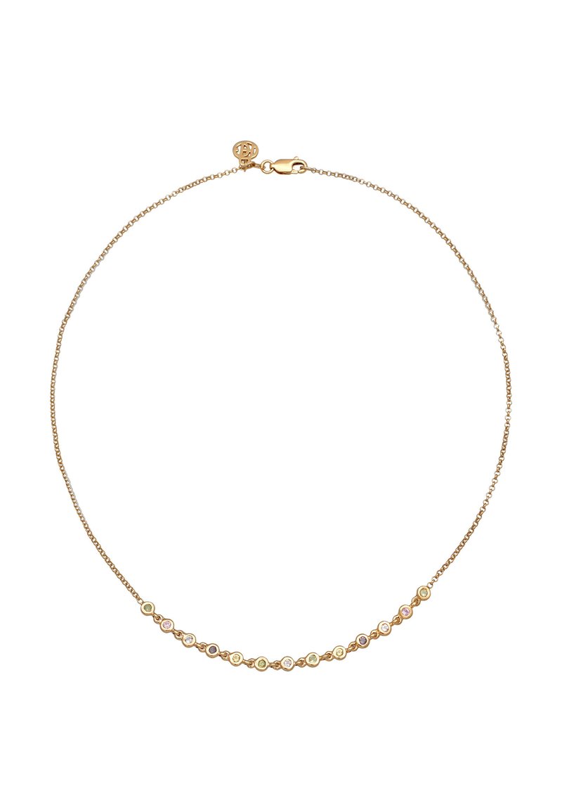 Gul kæderekæde med cirkulære vedhæng i forskellige farver, herunder grøn, lilla og pink, med en hummerklipslukning.